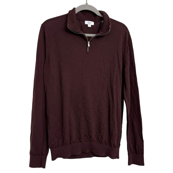 Reiss Merino Wool 1/4 Zip Funnel Neck Pullover Sweater Preppy Casual Maroon Sz L - Picture 1 of 6